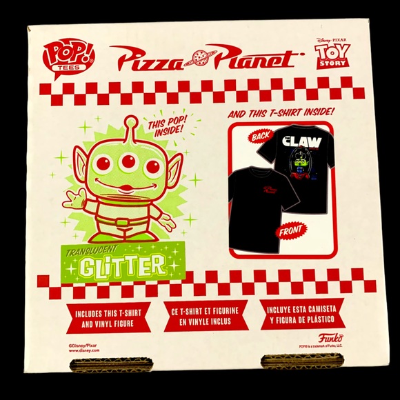 Vaulted New BoxLunch Glitter Translucent Alien Funko Pop & Pizza Planet Tee S - Picture 2 of 12